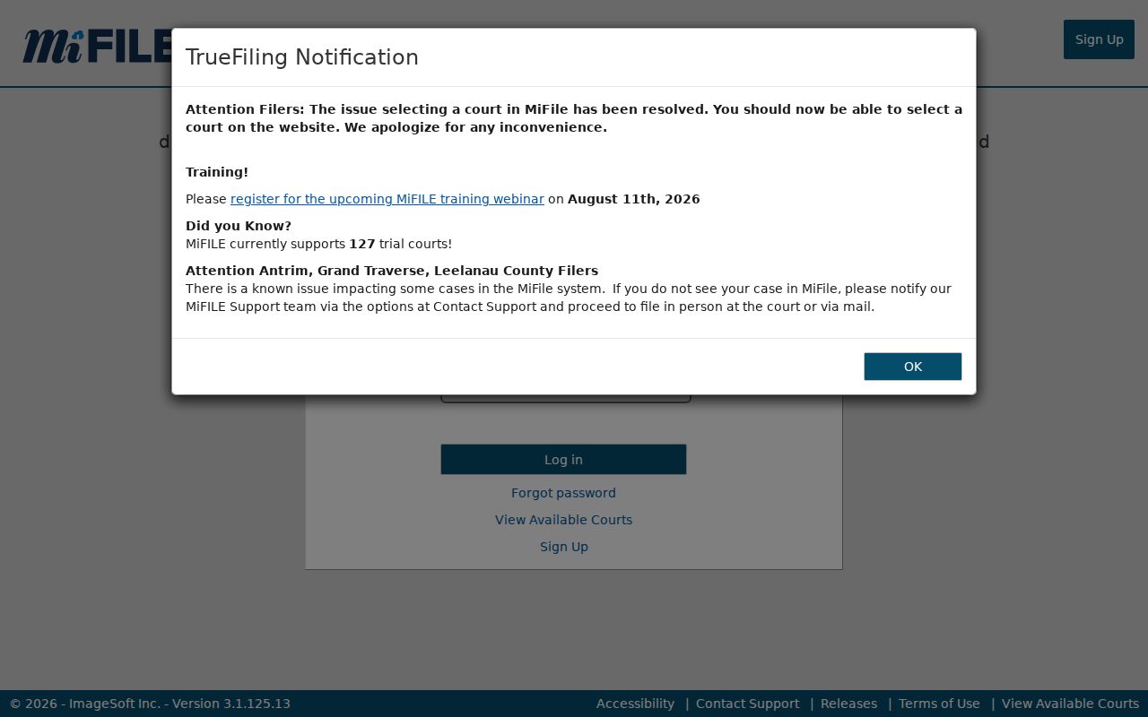 Ontonagon County case search MiFILE login notice