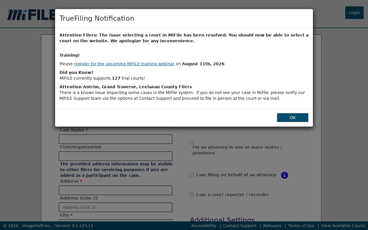 Ontonagon County case search MiFILE registration screen