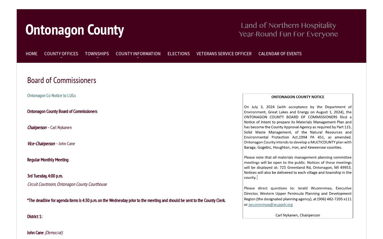 Ontonagon County court calendar Circuit courtroom civic-use notice