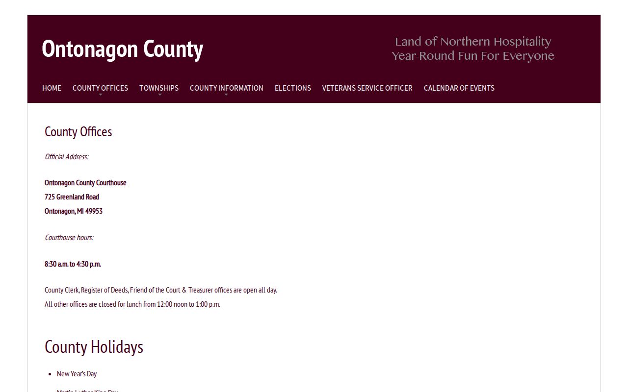 Ontonagon County court docket courthouse office information
