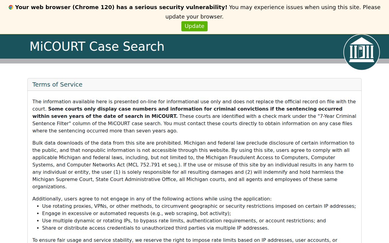 Ontonagon County court docket MiCOURT Case Search landing page