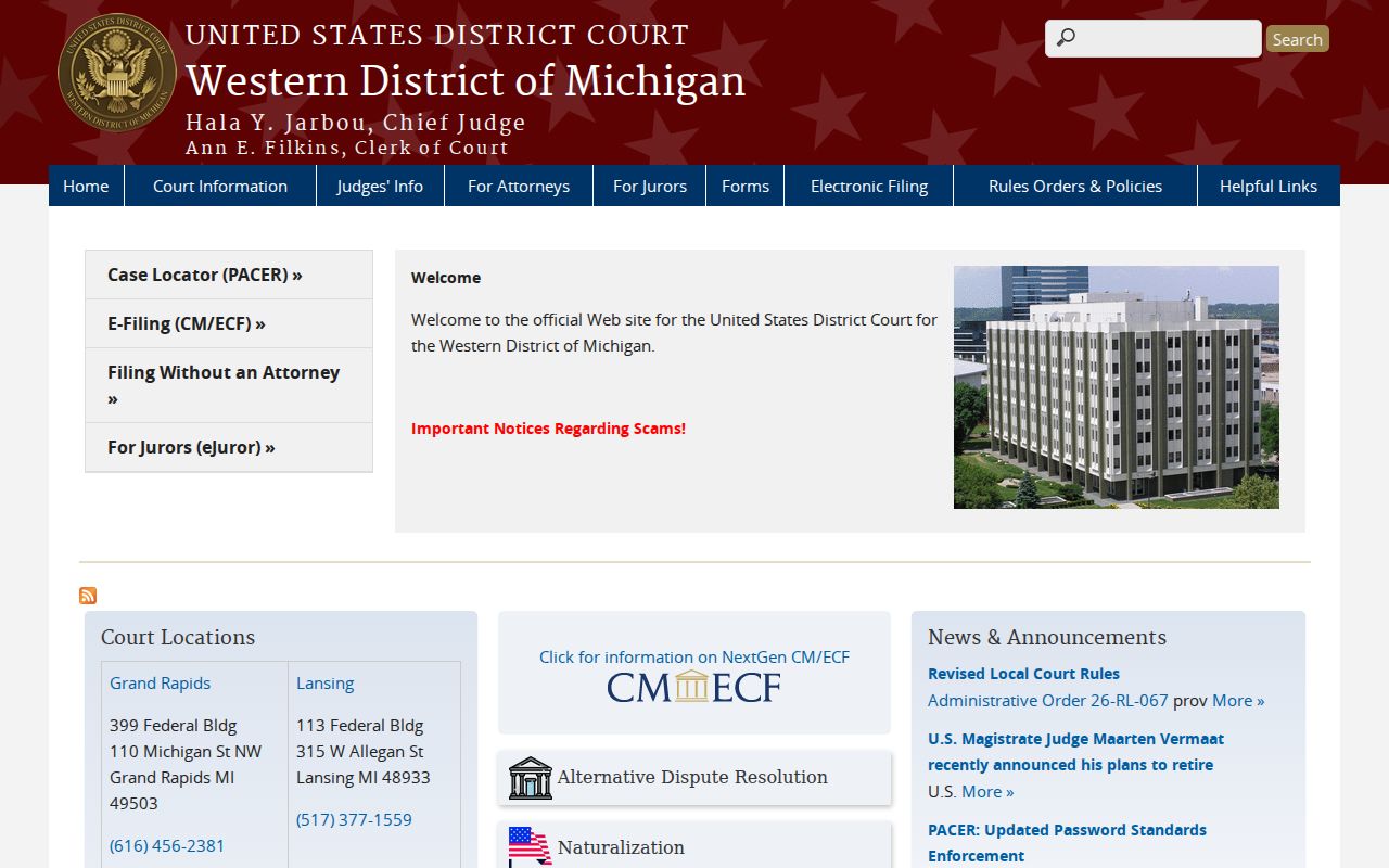 Ontonagon County court docket federal Western District location information