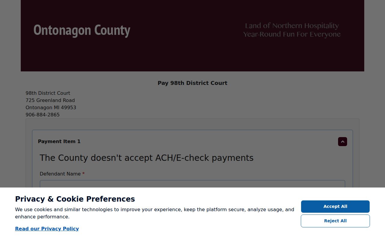 Ontonagon County traffic court records GovPros payment form
